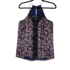 Express Shirt Womens M Blue Pink Abstract Halter Lace Trim Sleeveless Top Y2k
